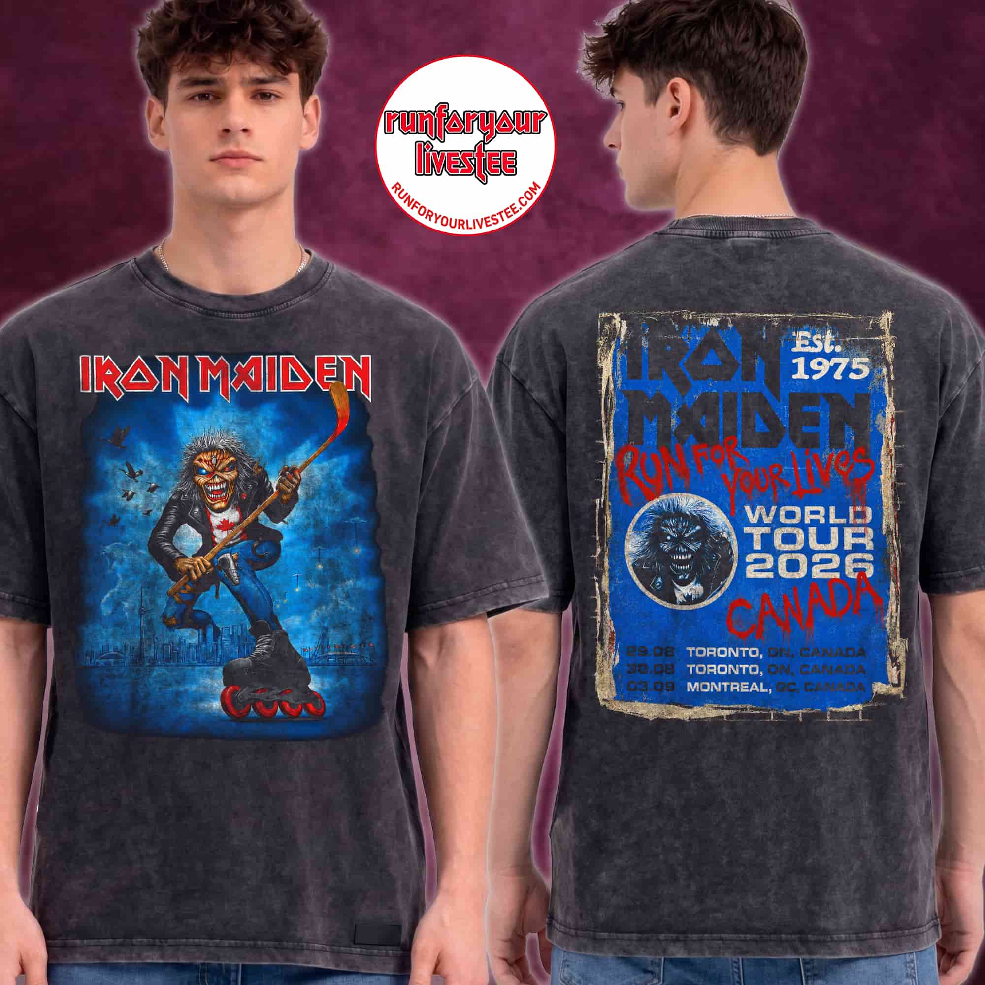 Iron Maiden Canada 2026 Tour Toronto And Montréal Hockey Eddie Washed T-Shirt