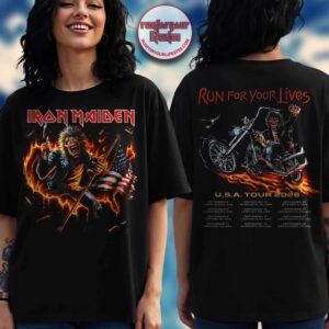Iron Maiden Run For Your Lives USA Tour 2026 Biker Eddie Flaming Motorcycle T-Shirt