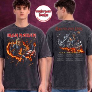 Iron Maiden Run For Your Lives USA Tour 2026 Exclusive Tee Eddie Holding The Flag Washed T-Shirt