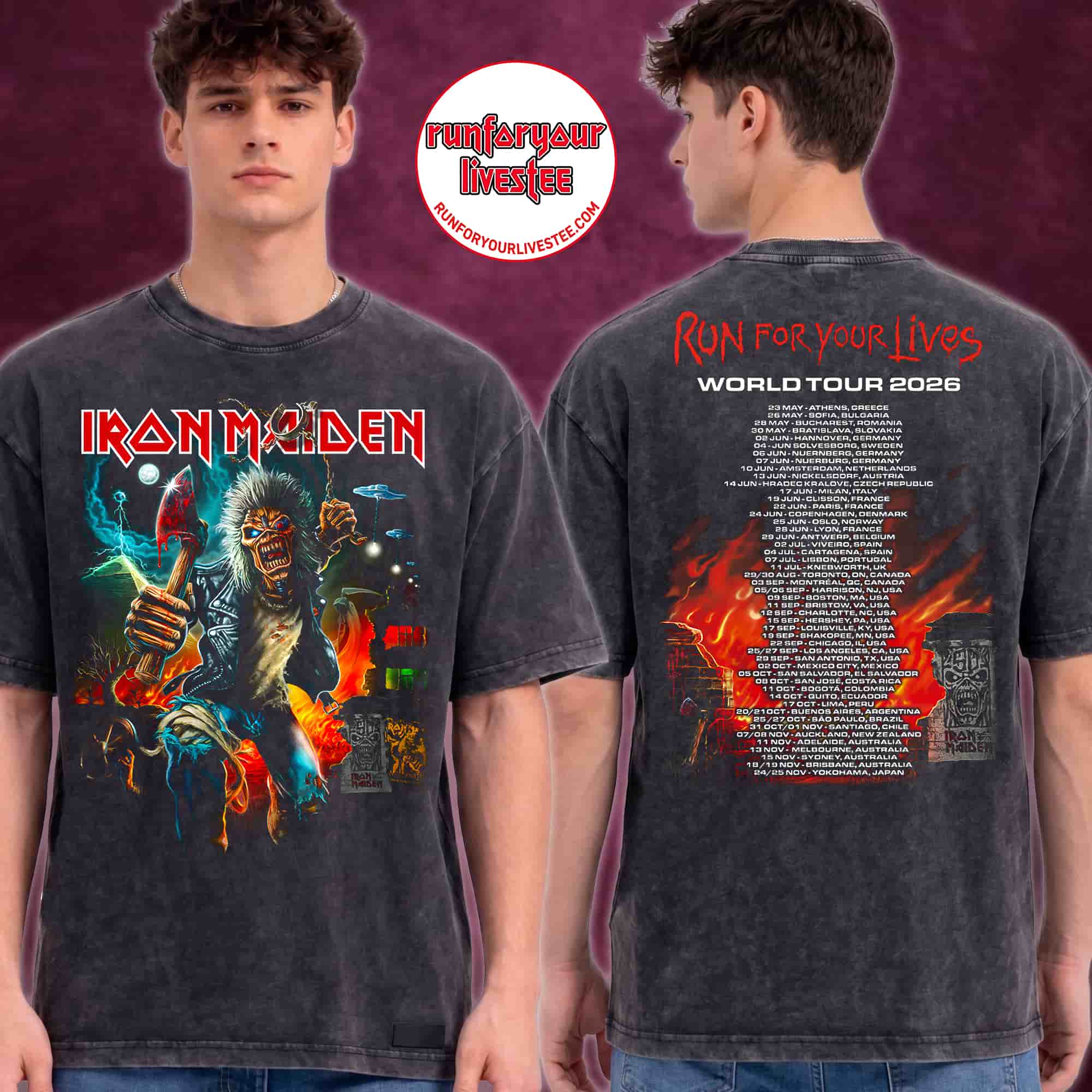 Iron Maiden Run For Your Lives 2026 Tour Washed Tee