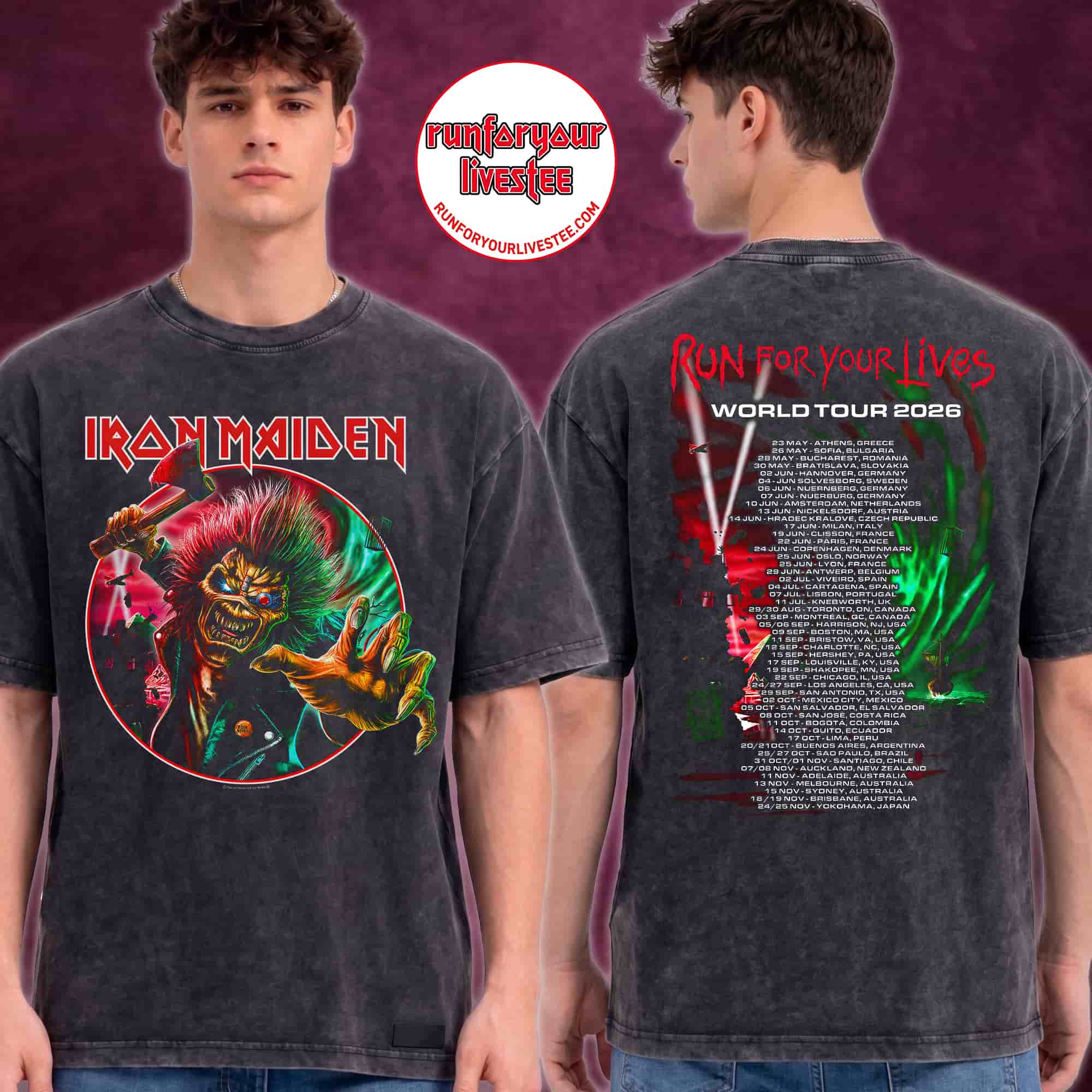 Vintage Wash Iron Maiden Shirt - Run For Your Lives 2026 Global Tour Dates